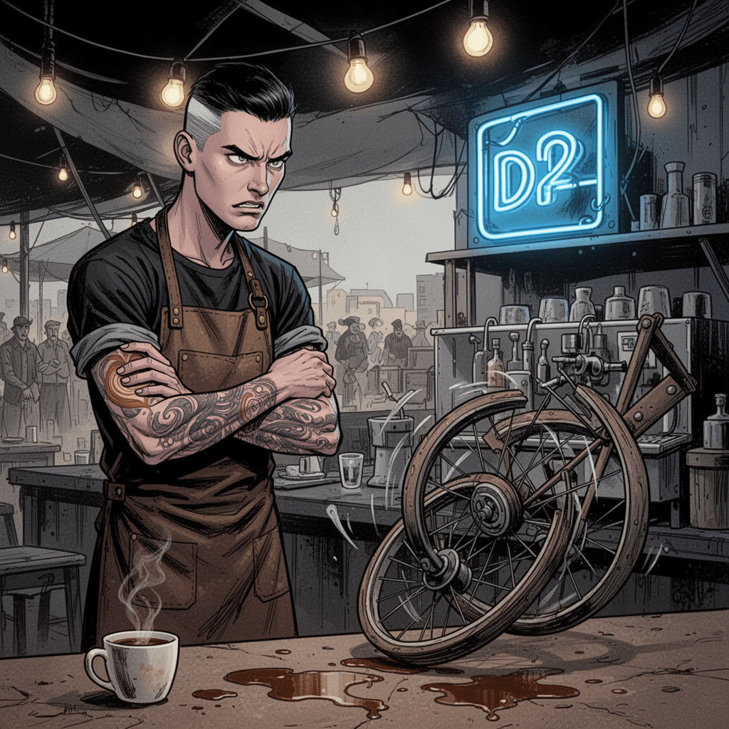 Cramped coffee cart, busy festival morning