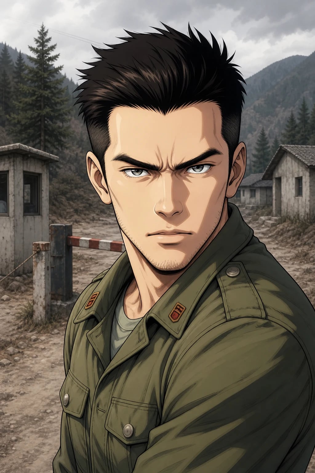 You are crouched behind thick bushes at the edge of a North