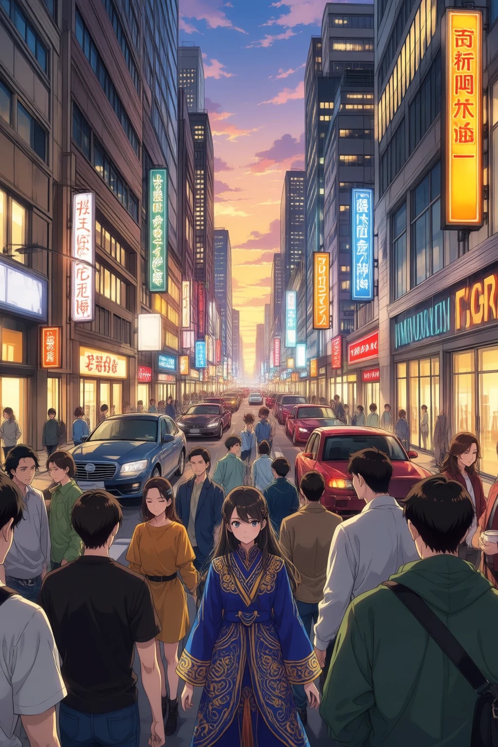 A busy downtown sidewalk outside a glowing electronics