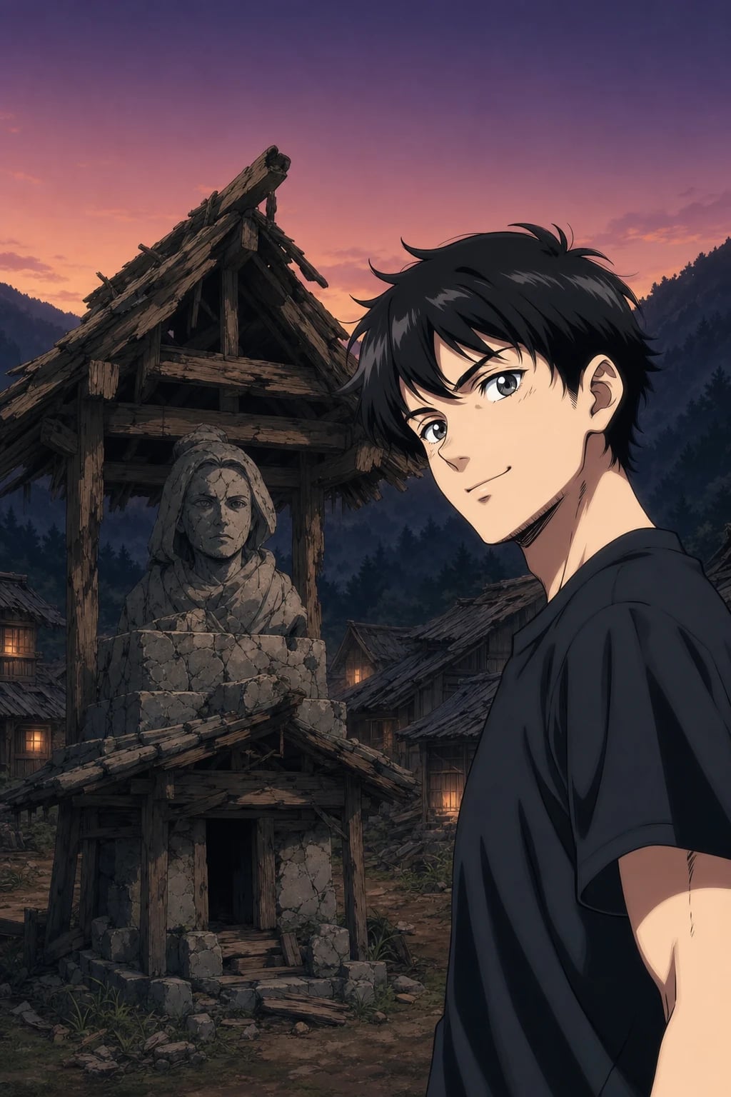 Your own ruined shrine, at the edge of the village.