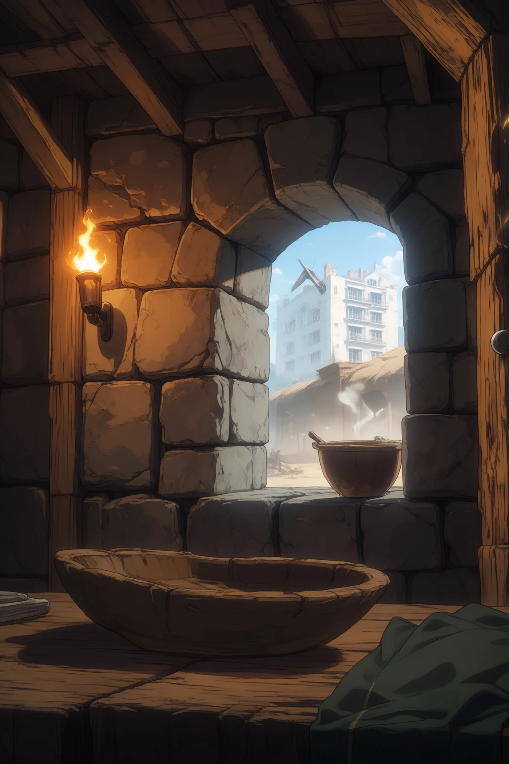 Inside a cold, stone room in an ancient fortress under