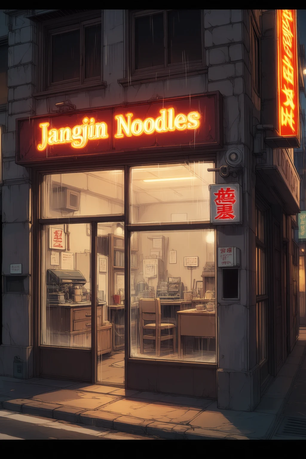 Inside Jangjin Noodles. It's late, after closing time.
