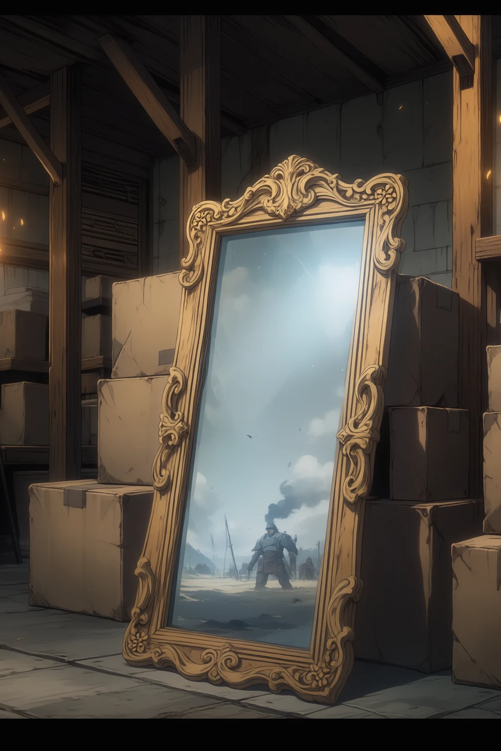 Your storage warehouse office, late at night. The mirror