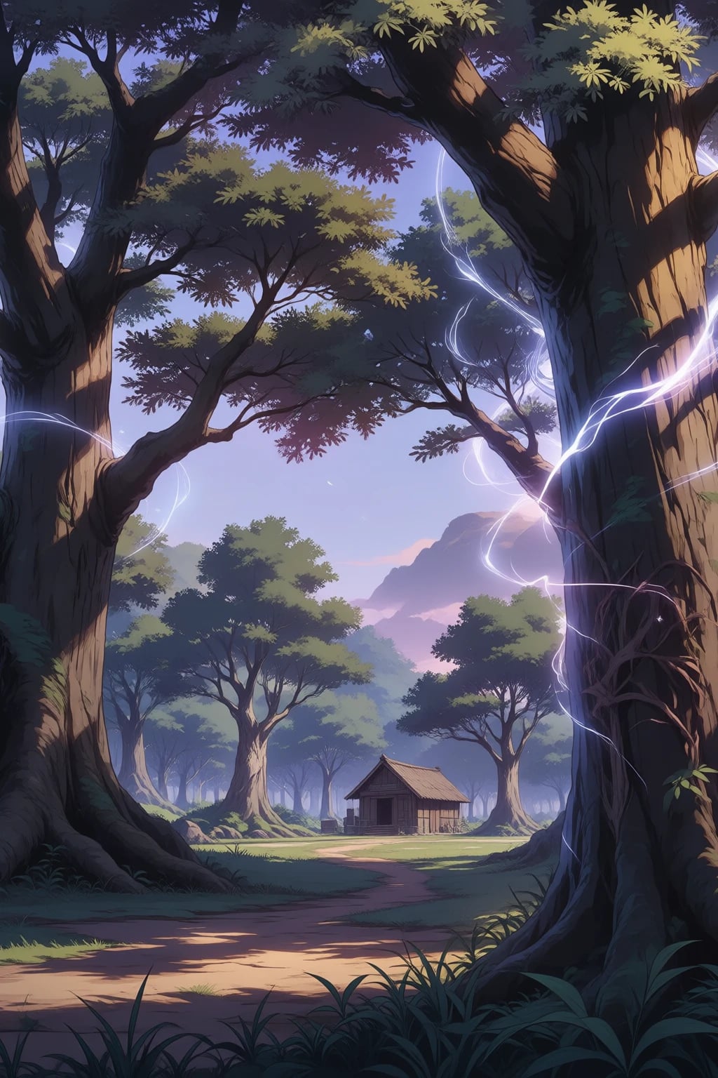 Outside your simple forest hut.