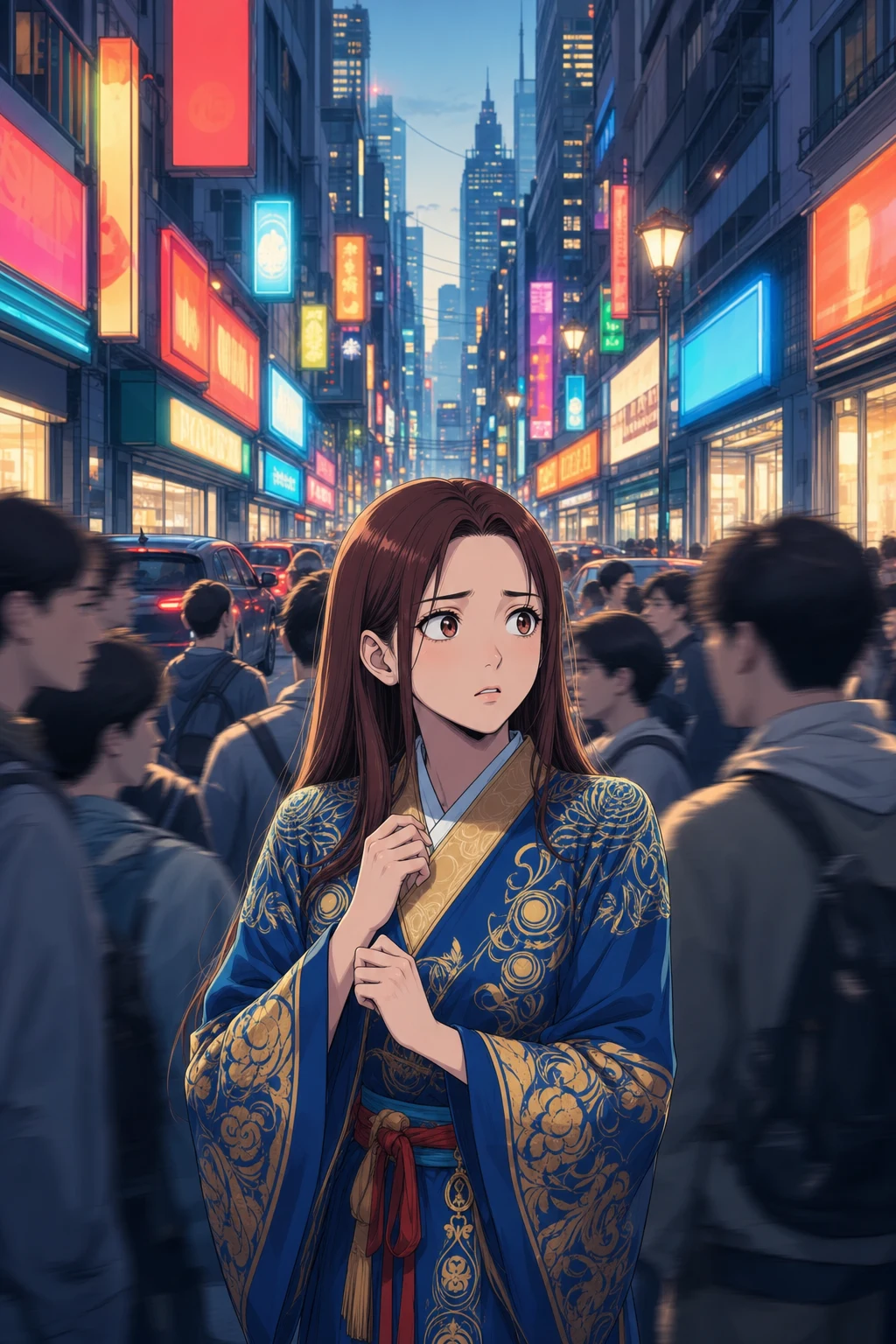 A busy downtown sidewalk outside a glowing electronics