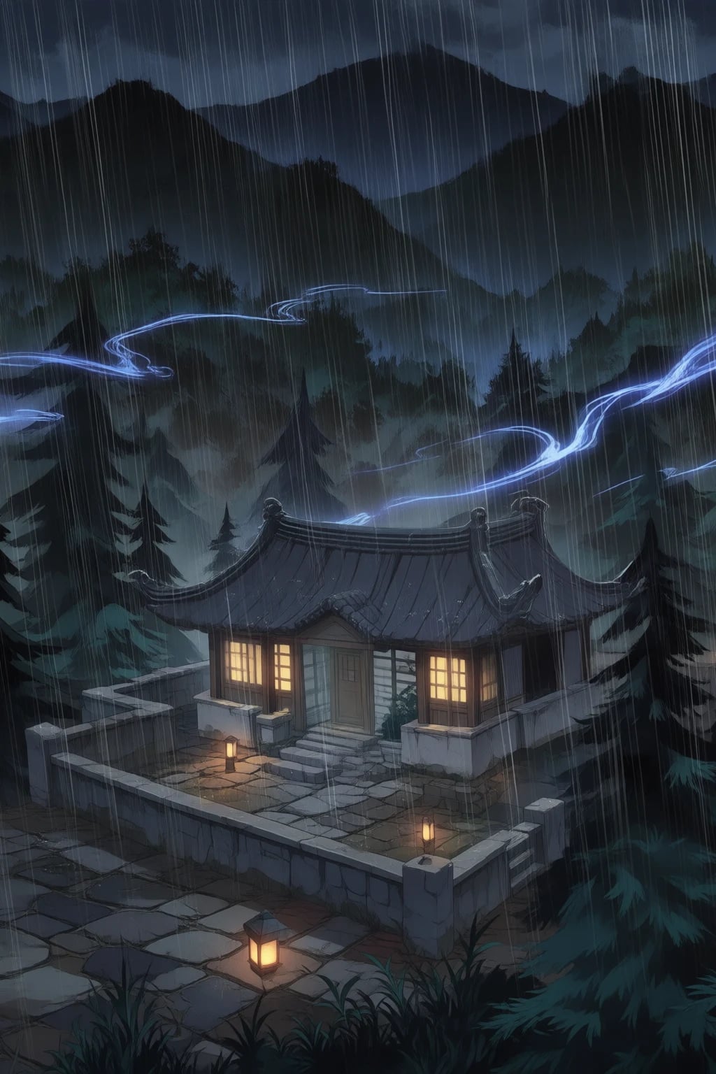 Outside Jang Uk's hidden mountain home during a storm.