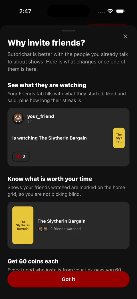 The app explaining what changes once a reader has friends
