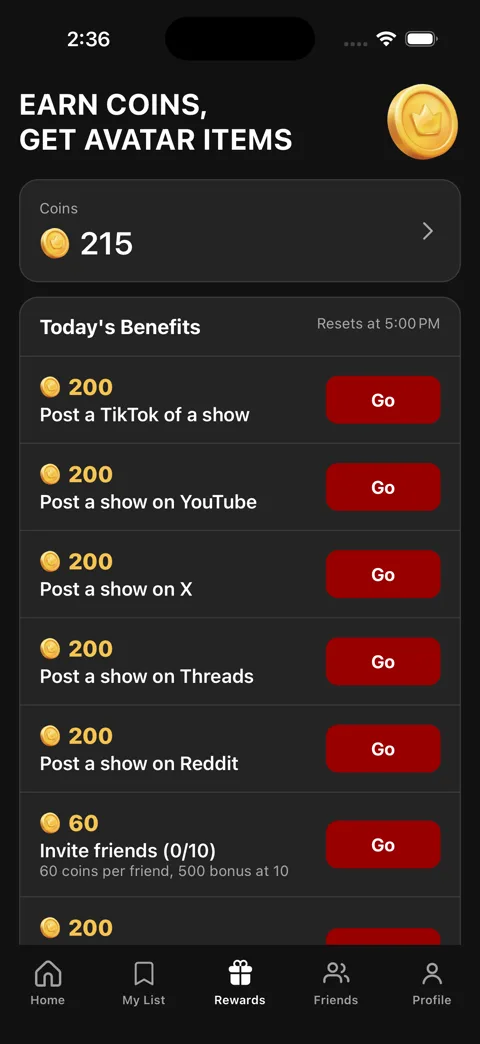 The rewards screen in the app